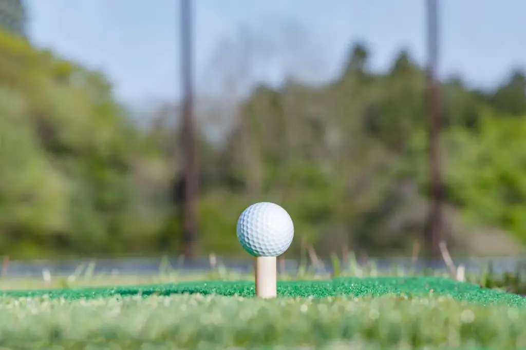 Golf ball on a tee at a driving range